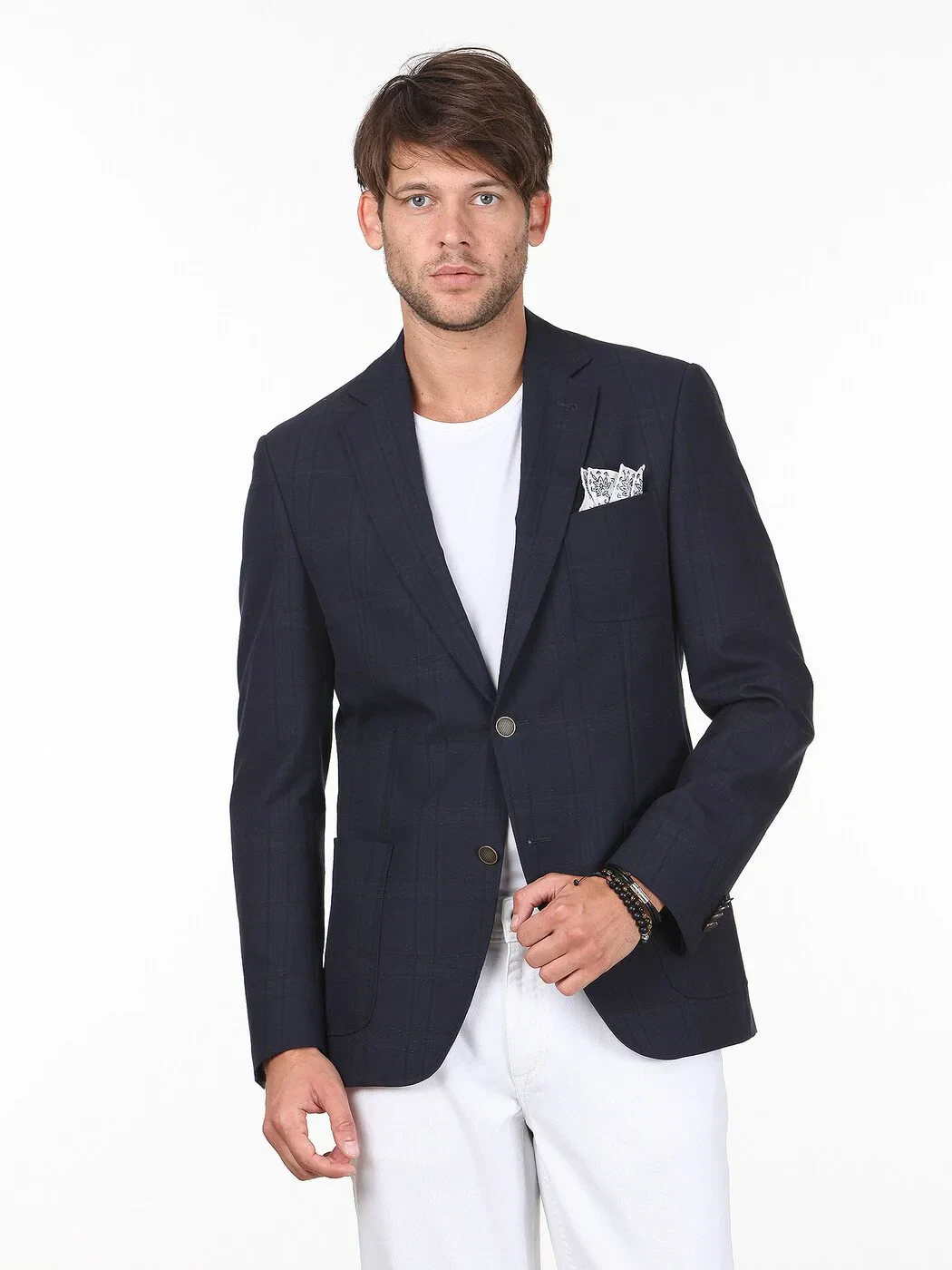 Navy Blue Checkered Modern Fit Cotton Blended Jacket - 1