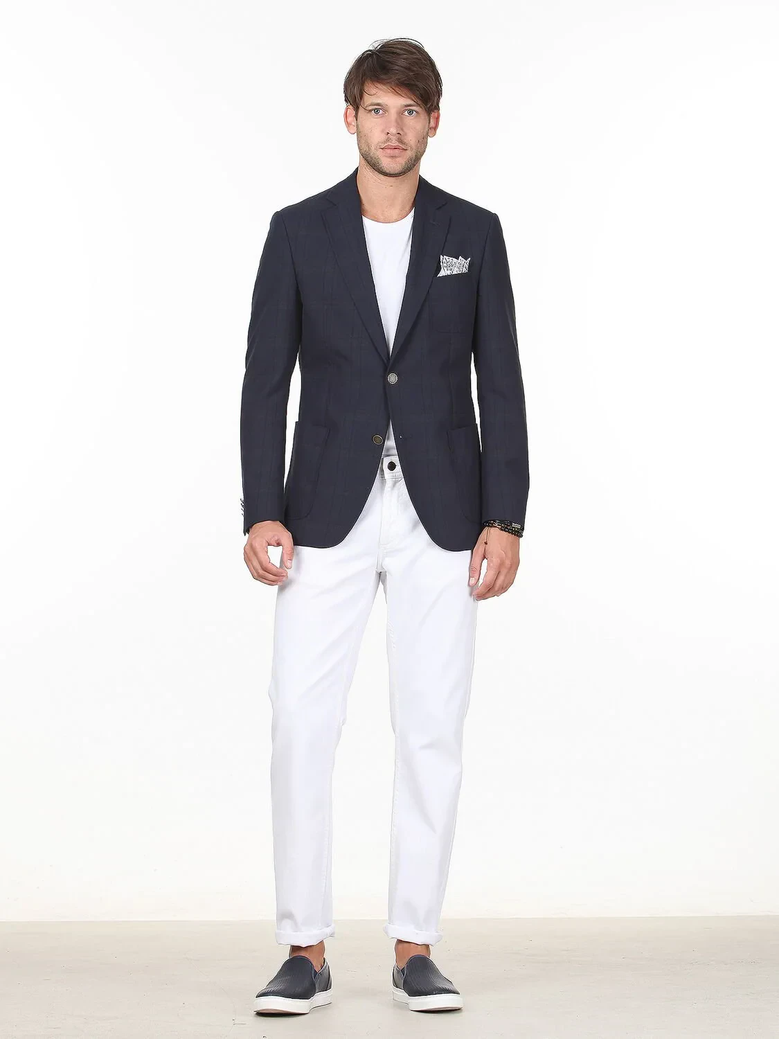 Navy Blue Checkered Modern Fit Cotton Blended Jacket - 3