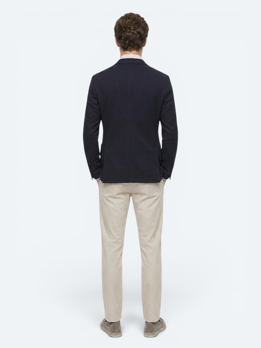 Navy Blue Checkered Modern Fit Cotton Blended Jacket - 5