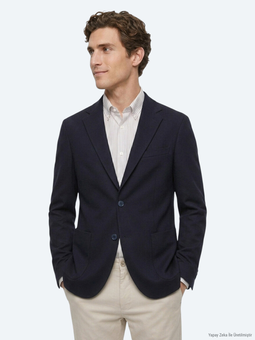 Navy Blue Checkered Modern Fit Cotton Blended Jacket - KİP
