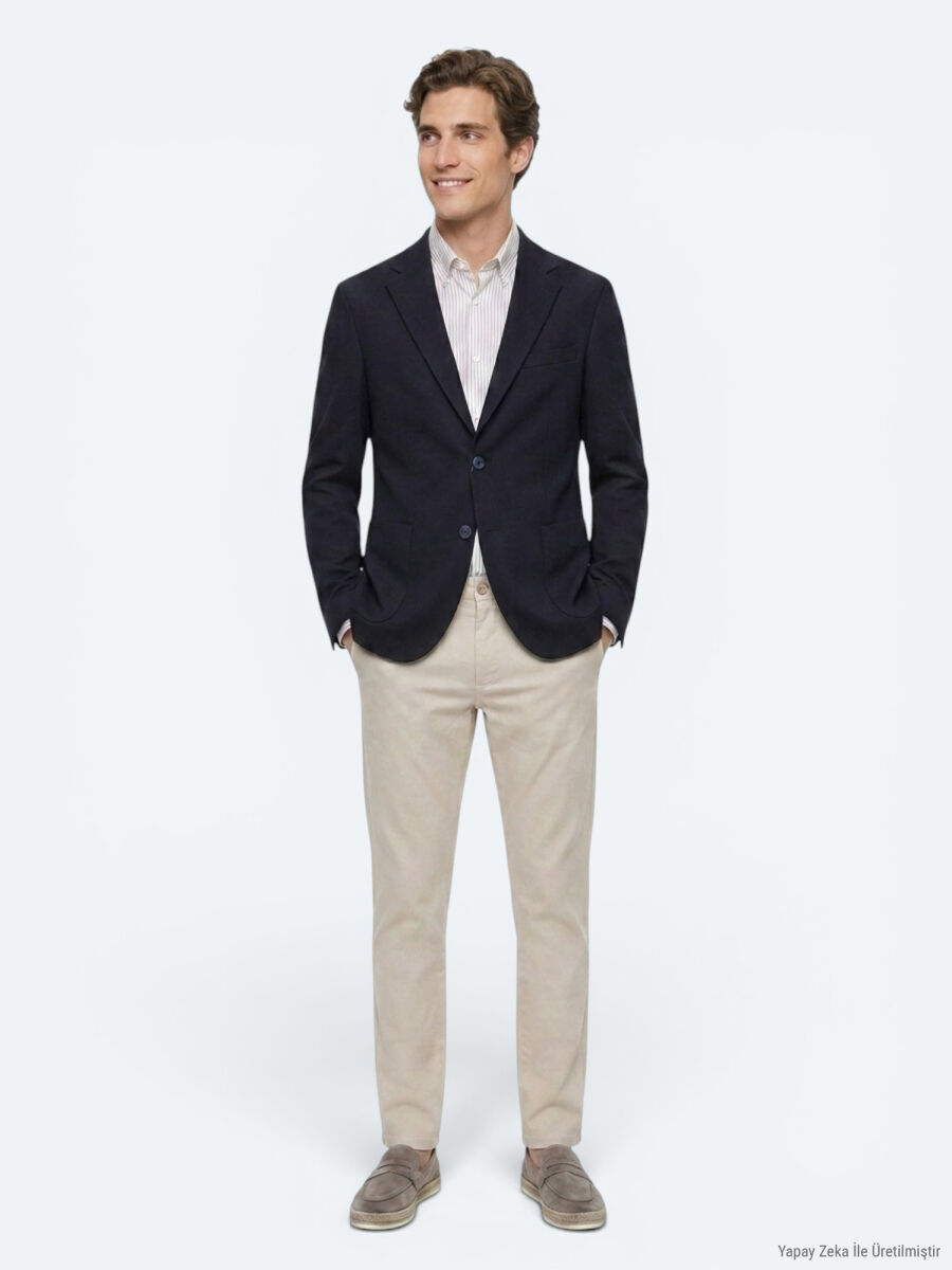 Navy Blue Checkered Modern Fit Cotton Blended Jacket - 2