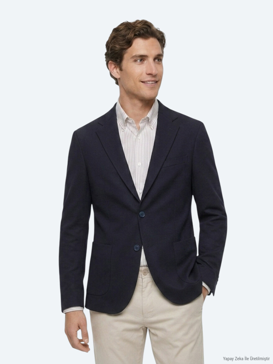 Navy Blue Checkered Modern Fit Cotton Blended Jacket - 3