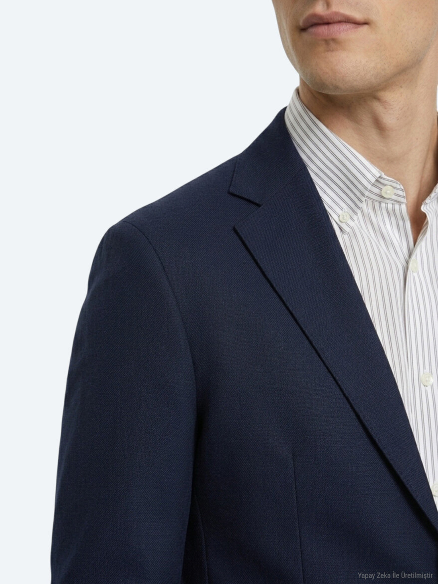 Navy Blue Checkered Modern Fit Cotton Blended Jacket - 4