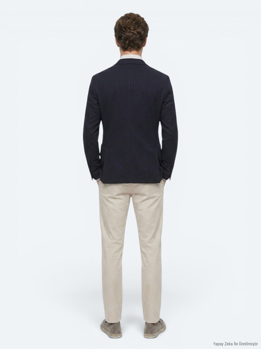 Navy Blue Checkered Modern Fit Cotton Blended Jacket - 5