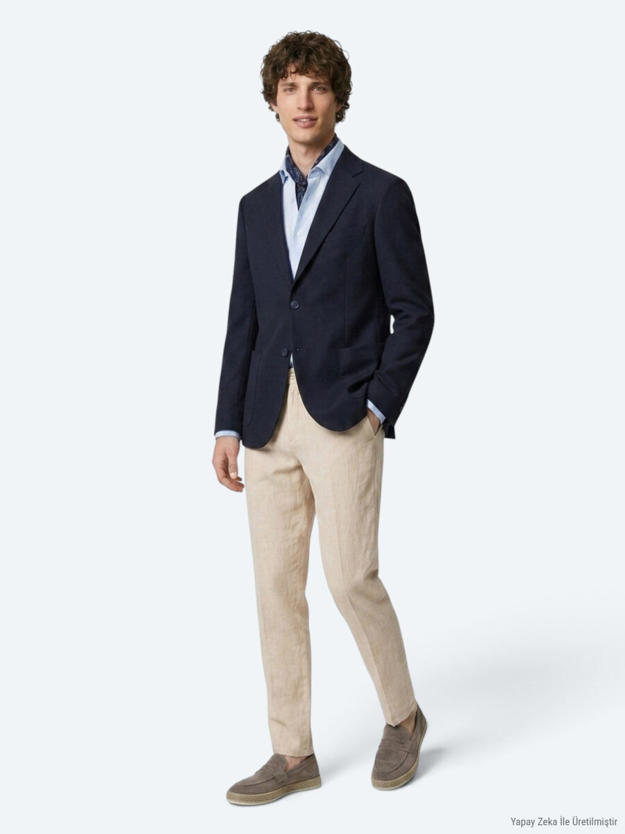 Navy Blue Checkered Modern Fit Cotton Blended Jacket - 3