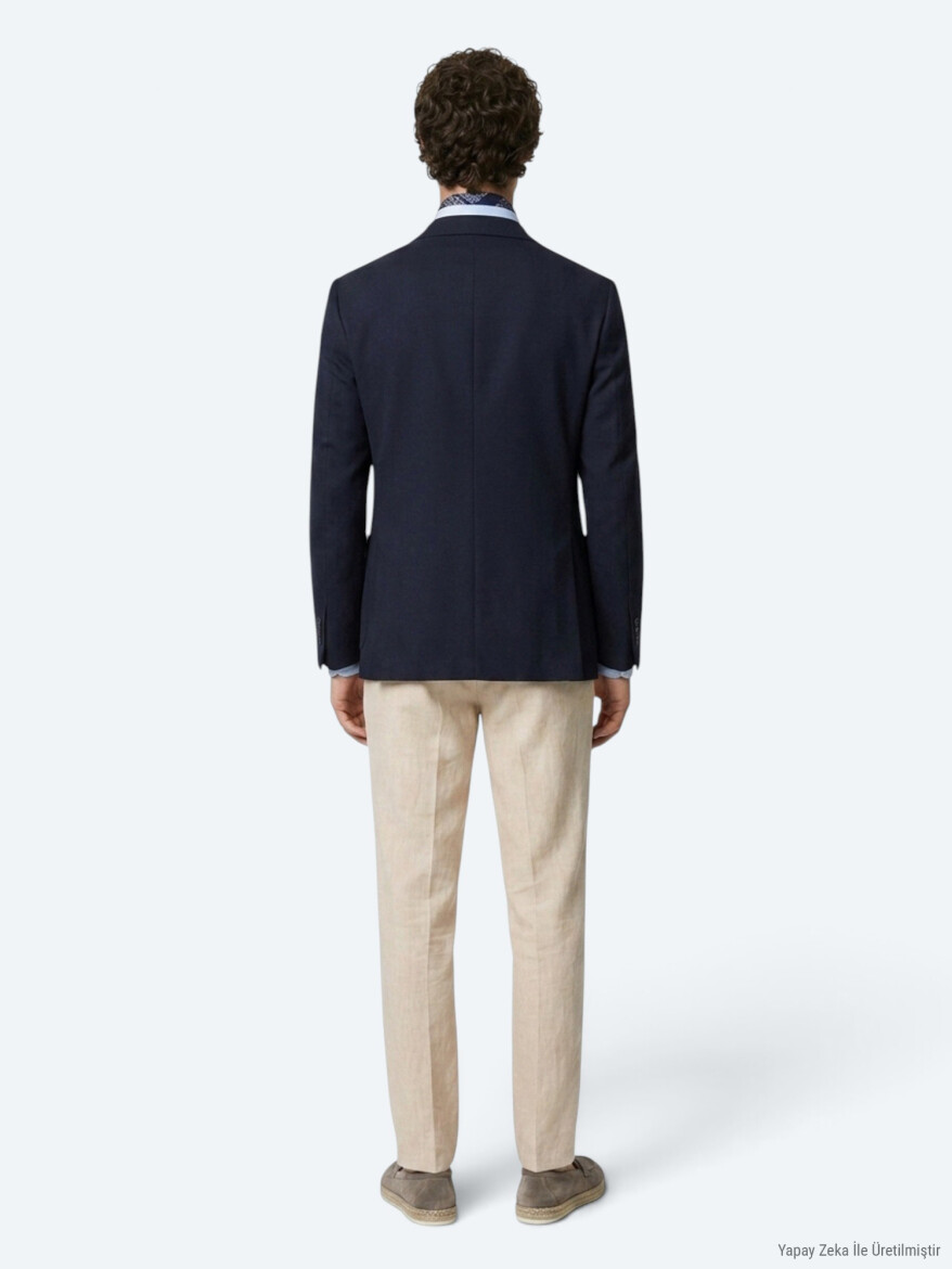 Navy Blue Checkered Modern Fit Cotton Blended Jacket - 4