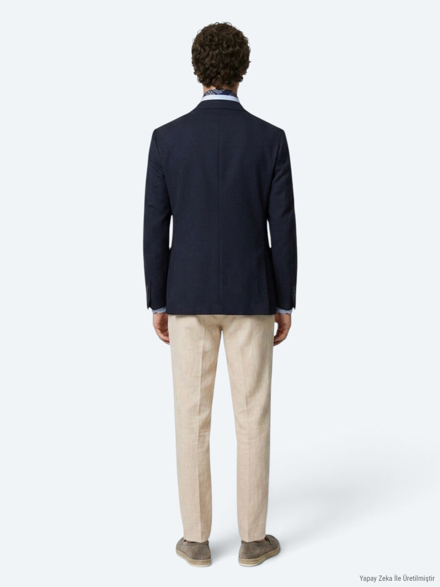 Navy Blue Checkered Modern Fit Cotton Blended Jacket - 4