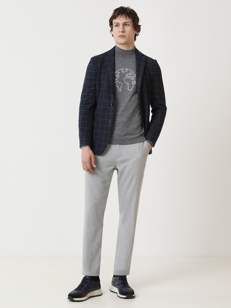 Navy Blue Checkered Modern Fit Jacket - 3