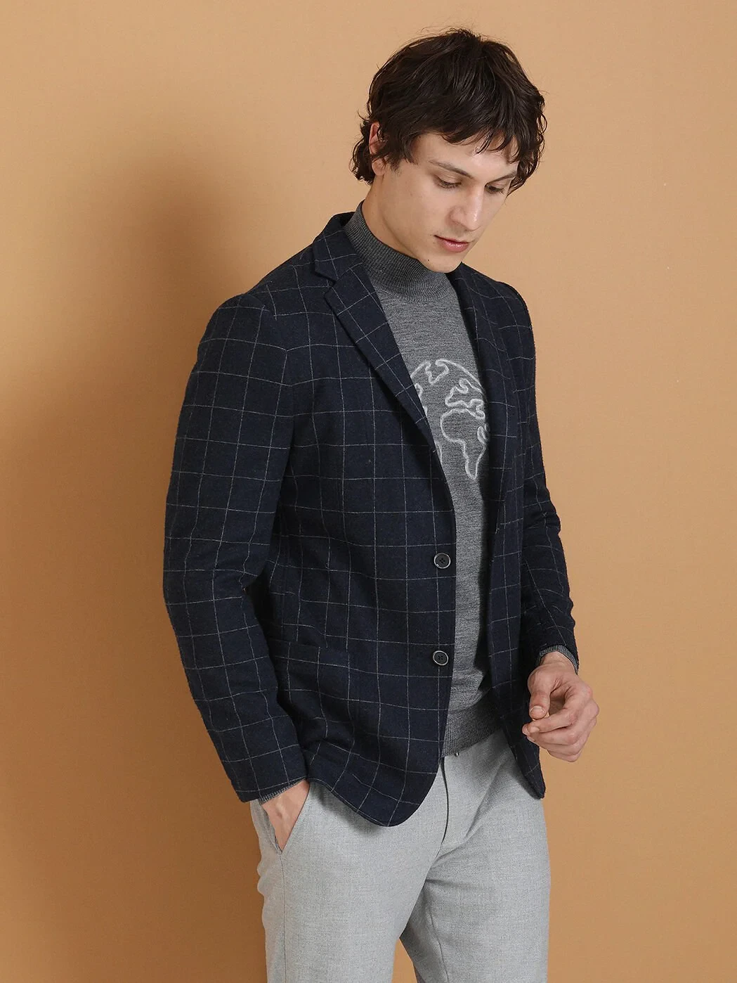 Navy Blue Checkered Modern Fit Jacket - 1