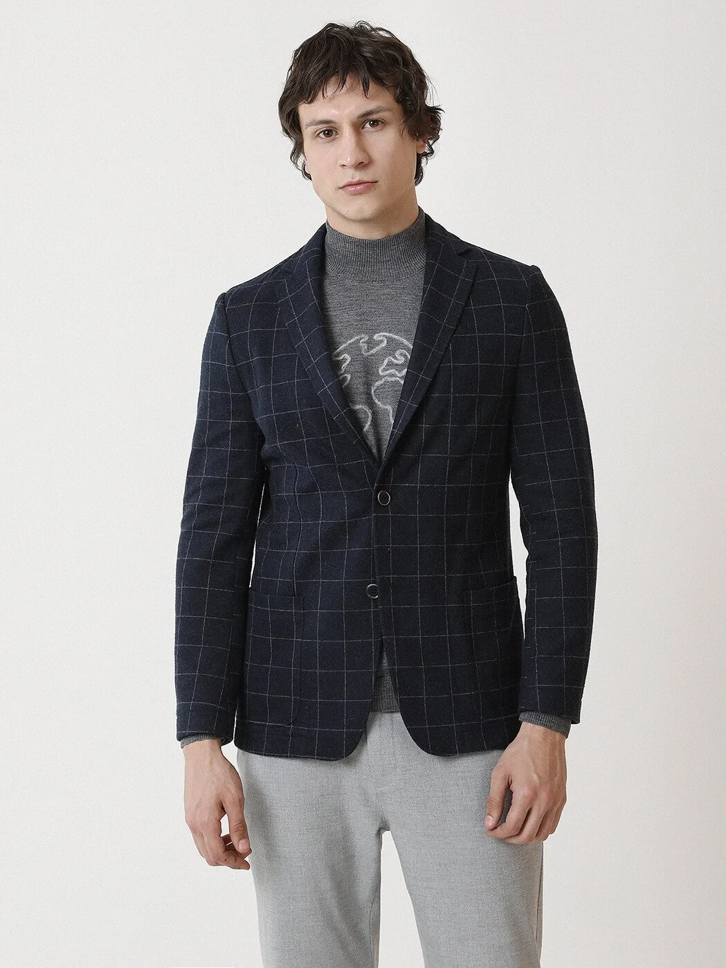 Navy Blue Checkered Modern Fit Jacket - 2