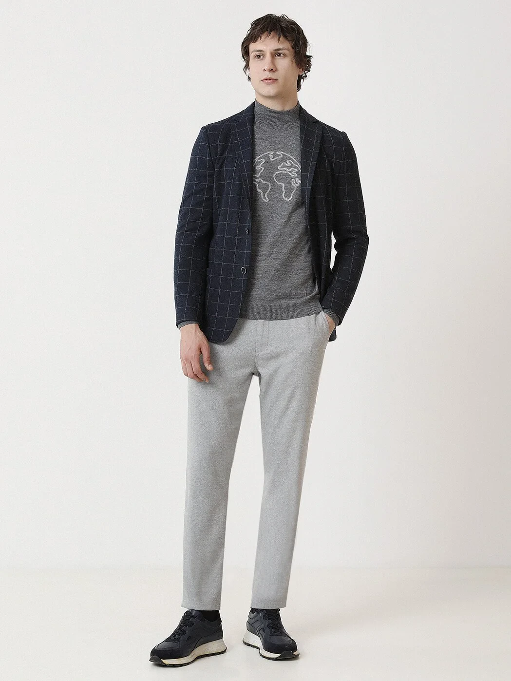 Navy Blue Checkered Modern Fit Jacket - 3