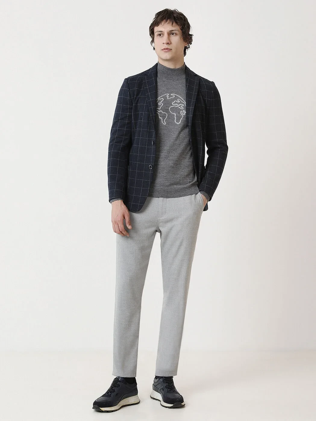 Navy Blue Checkered Modern Fit Jacket - 3
