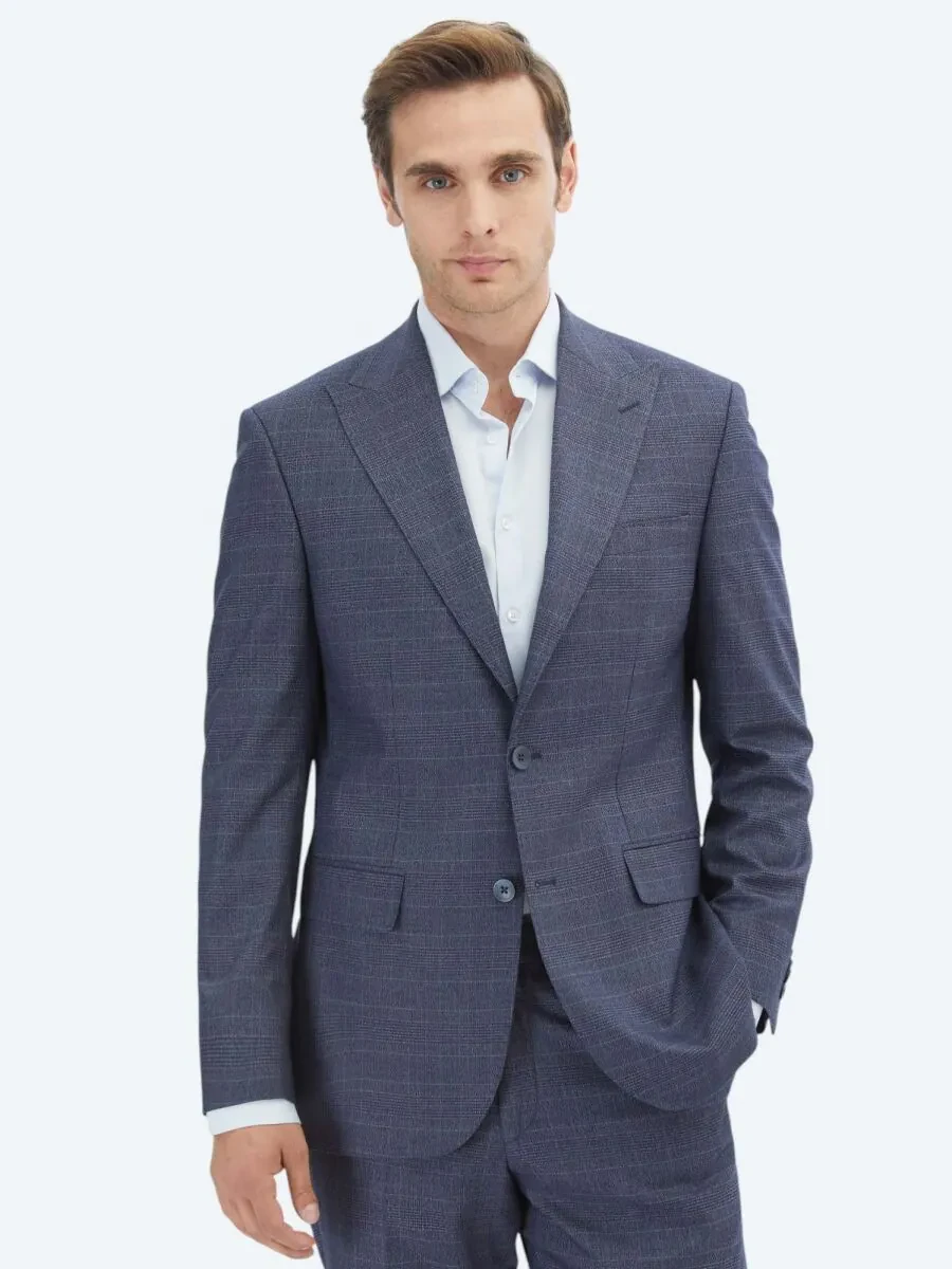 Navy Blue Checkered Modern Fit Suit - 1