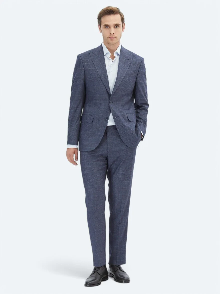 Navy Blue Checkered Modern Fit Suit - 2