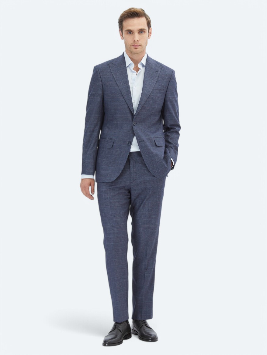 Navy Blue Checkered Modern Fit Suit - 2