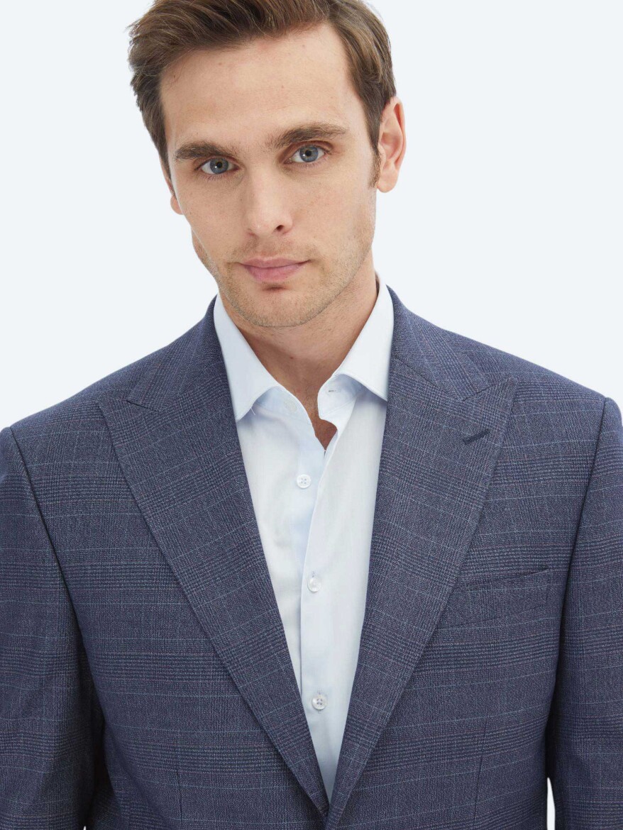 Navy Blue Checkered Modern Fit Suit - 3