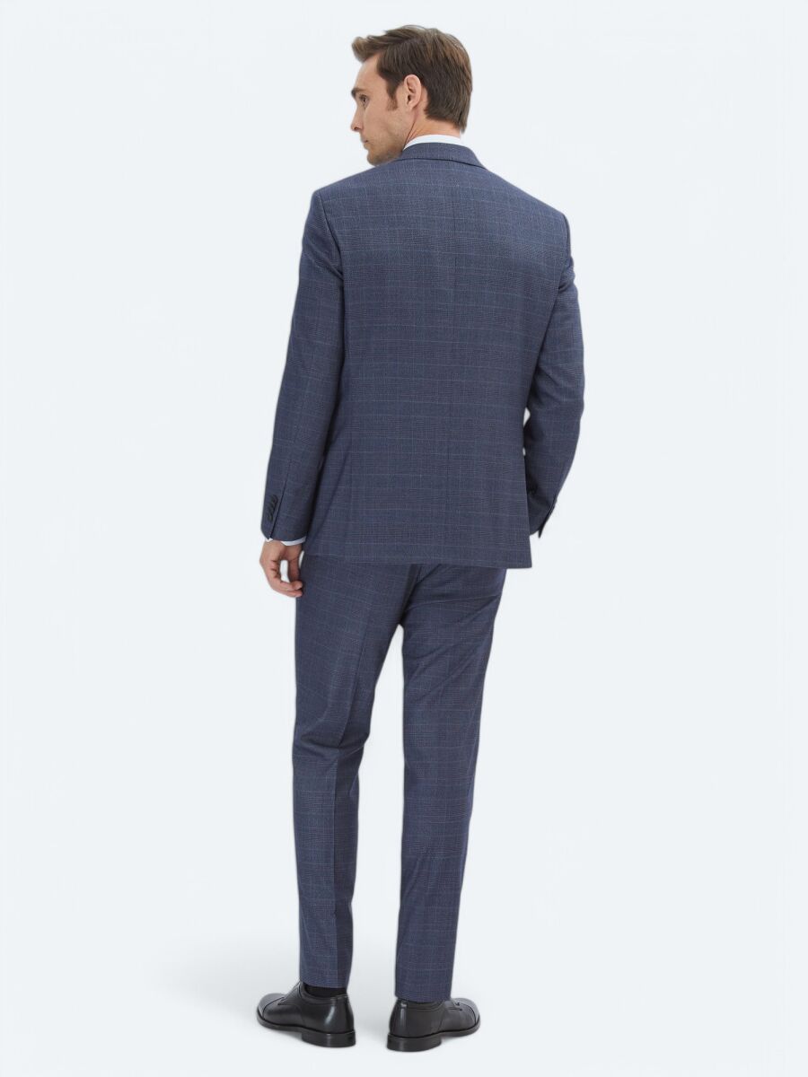 Navy Blue Checkered Modern Fit Suit - 5