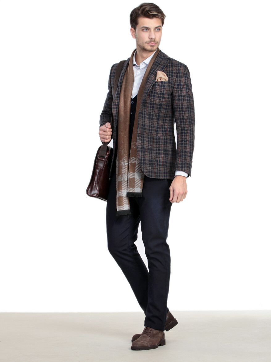 Navy Blue Checkered Modern Fit Wool Blended Jacket - 1