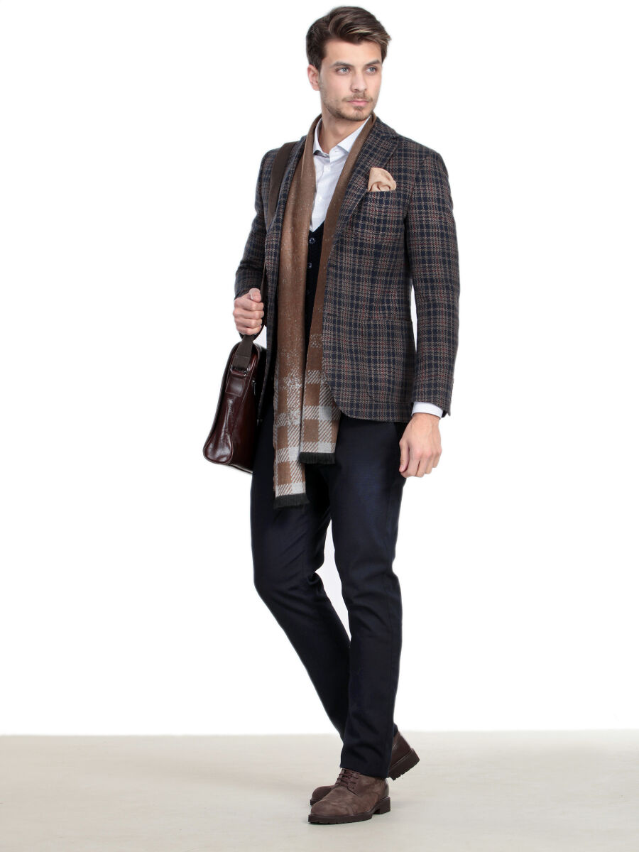 Navy Blue Checkered Modern Fit Wool Blended Jacket - 1