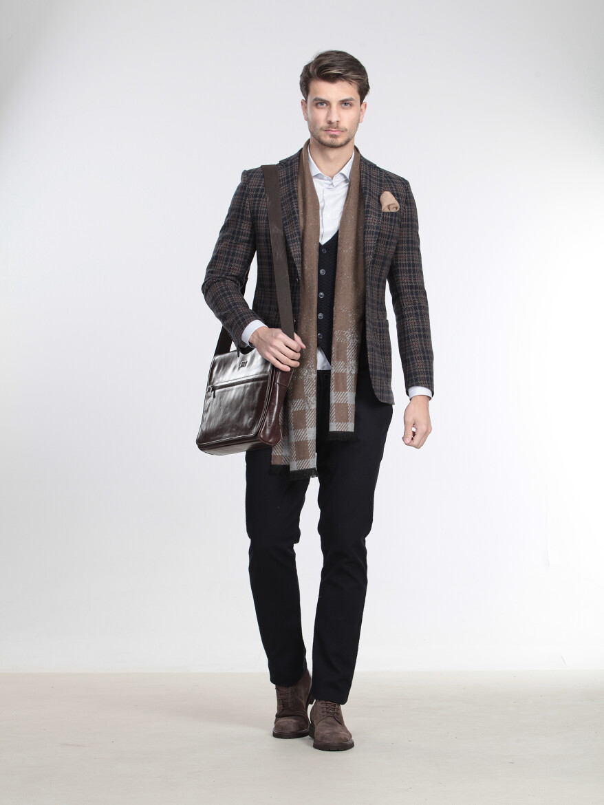 Navy Blue Checkered Modern Fit Wool Blended Jacket - 2