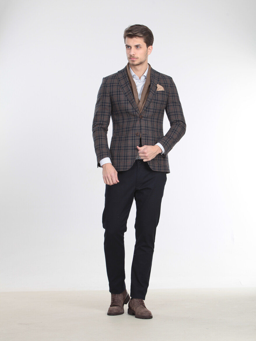Navy Blue Checkered Modern Fit Wool Blended Jacket - 3