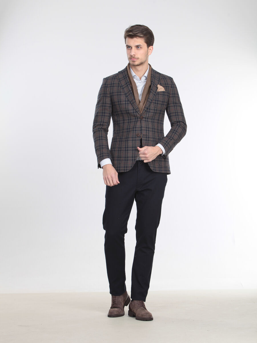Navy Blue Checkered Modern Fit Wool Blended Jacket - 3