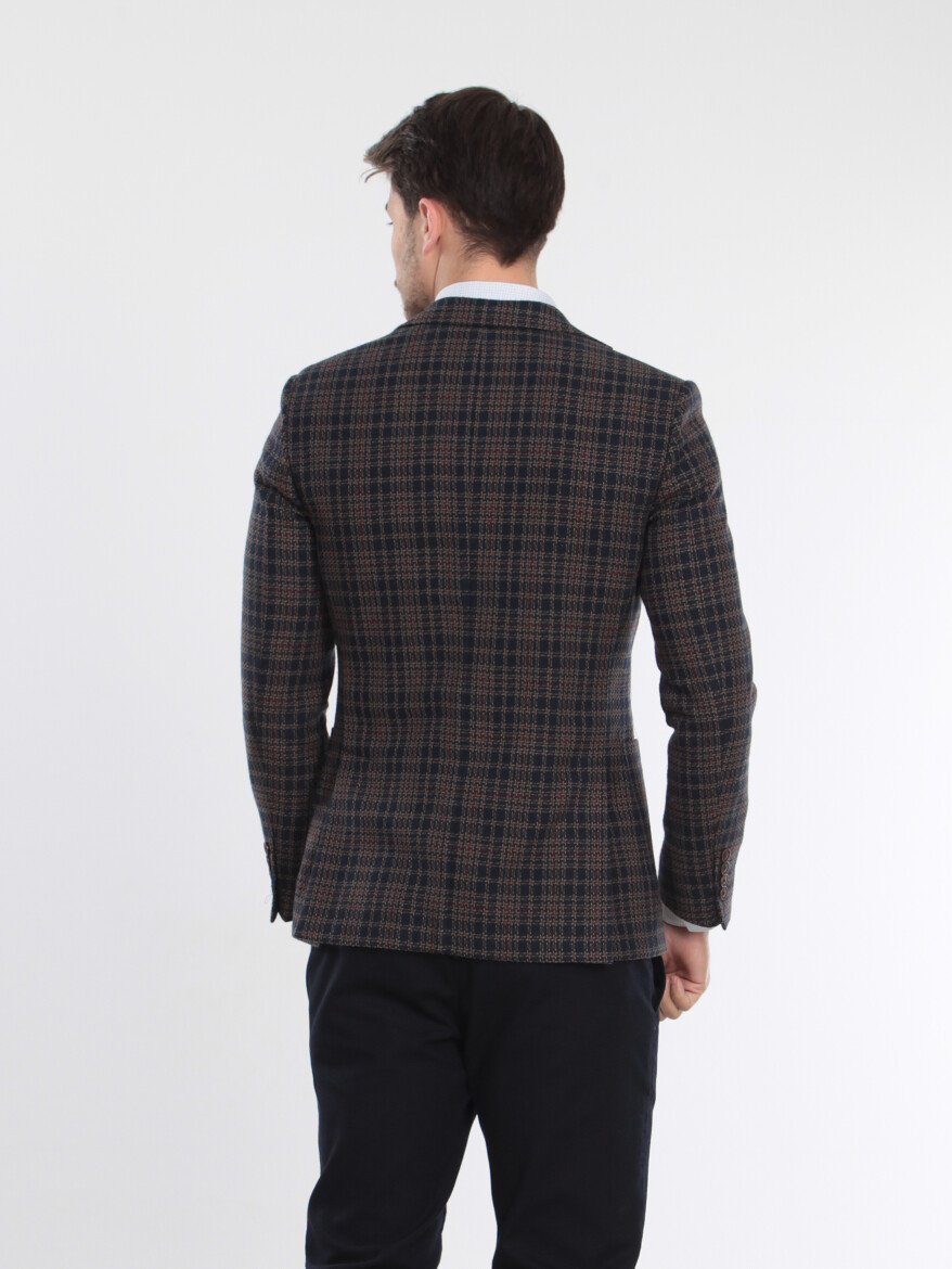 Navy Blue Checkered Modern Fit Wool Blended Jacket - 4