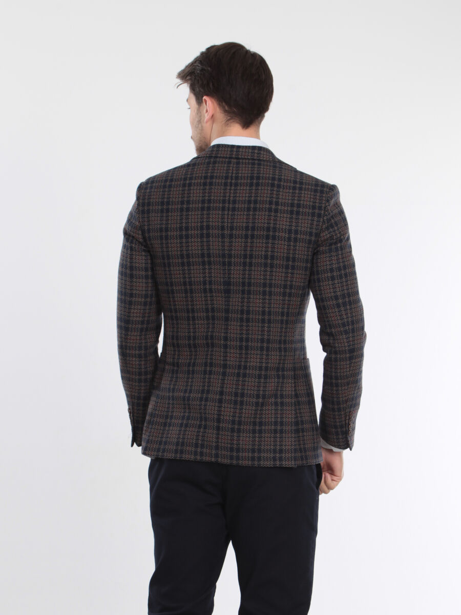 Navy Blue Checkered Modern Fit Wool Blended Jacket - 4