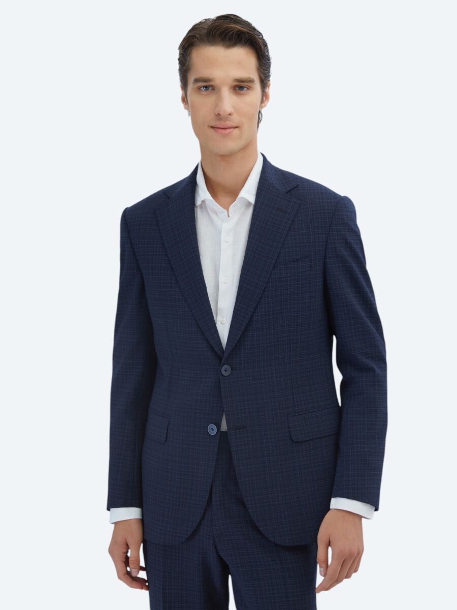 Navy Blue Checkered Modern Fit Wool Blended Suit - 1