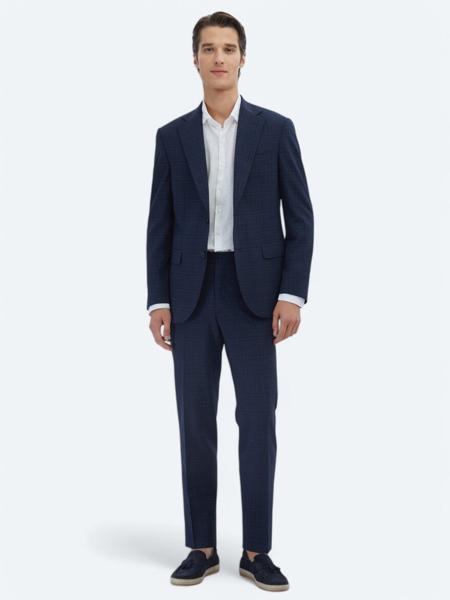 Navy Blue Checkered Modern Fit Wool Blended Suit - 2