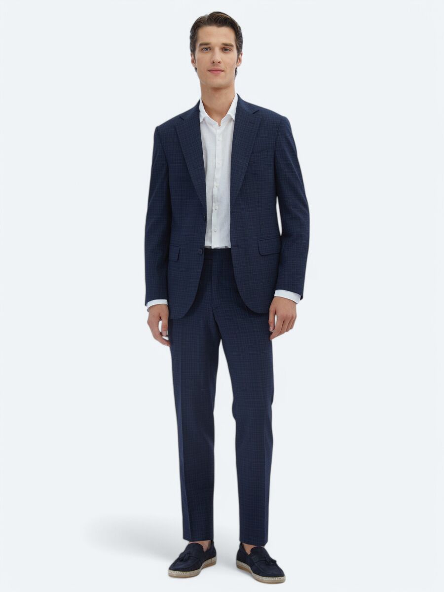 Navy Blue Checkered Modern Fit Wool Blended Suit - 2