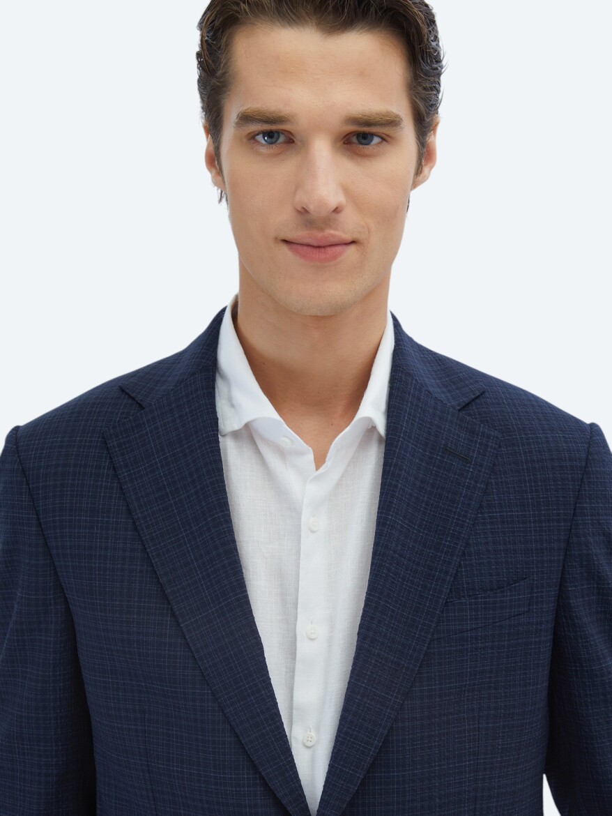 Navy Blue Checkered Modern Fit Wool Blended Suit - 4