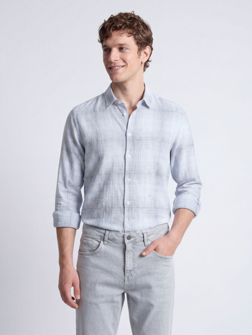 Navy Blue Checkered Regular Fit Long Weaving Casual Cotton Blended Shirt - 1
