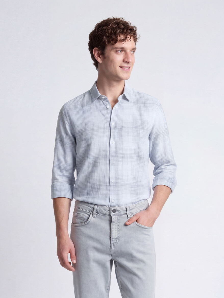Navy Blue Checkered Regular Fit Long Weaving Casual Cotton Blended Shirt - 2