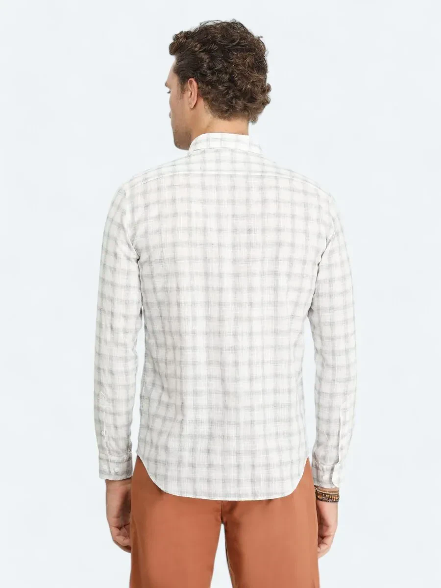 Navy Blue Checkered Regular Fit Weaving Casual Cotton Blended Shirt - 4
