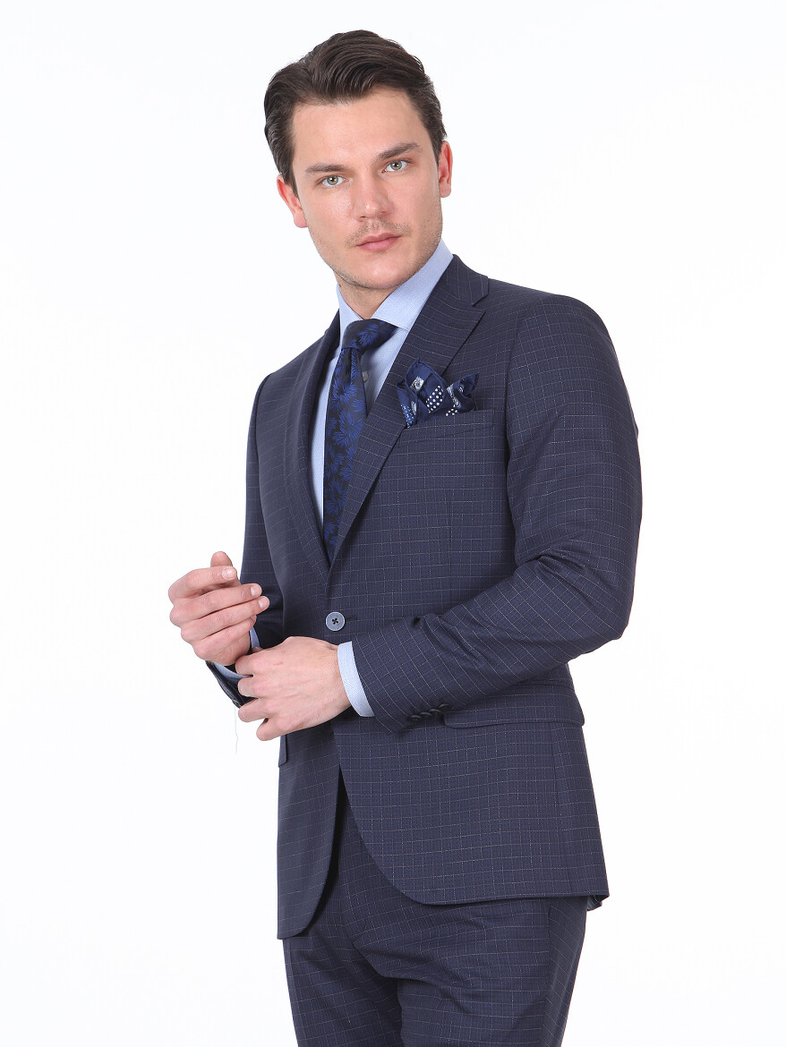 Navy Blue Checkered Slim Fit Wool Blended Suit - 1