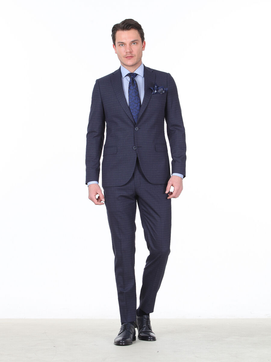 Navy Blue Checkered Slim Fit Wool Blended Suit - 3