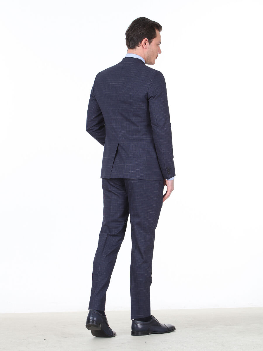 Navy Blue Checkered Slim Fit Wool Blended Suit - 4