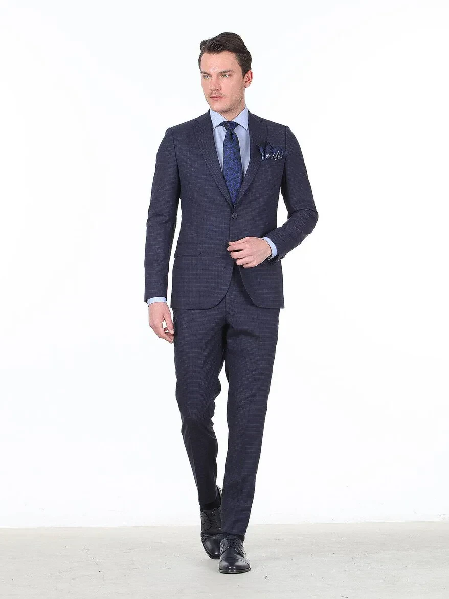 Navy Blue Checkered Slim Fit Wool Blended Suit - 2
