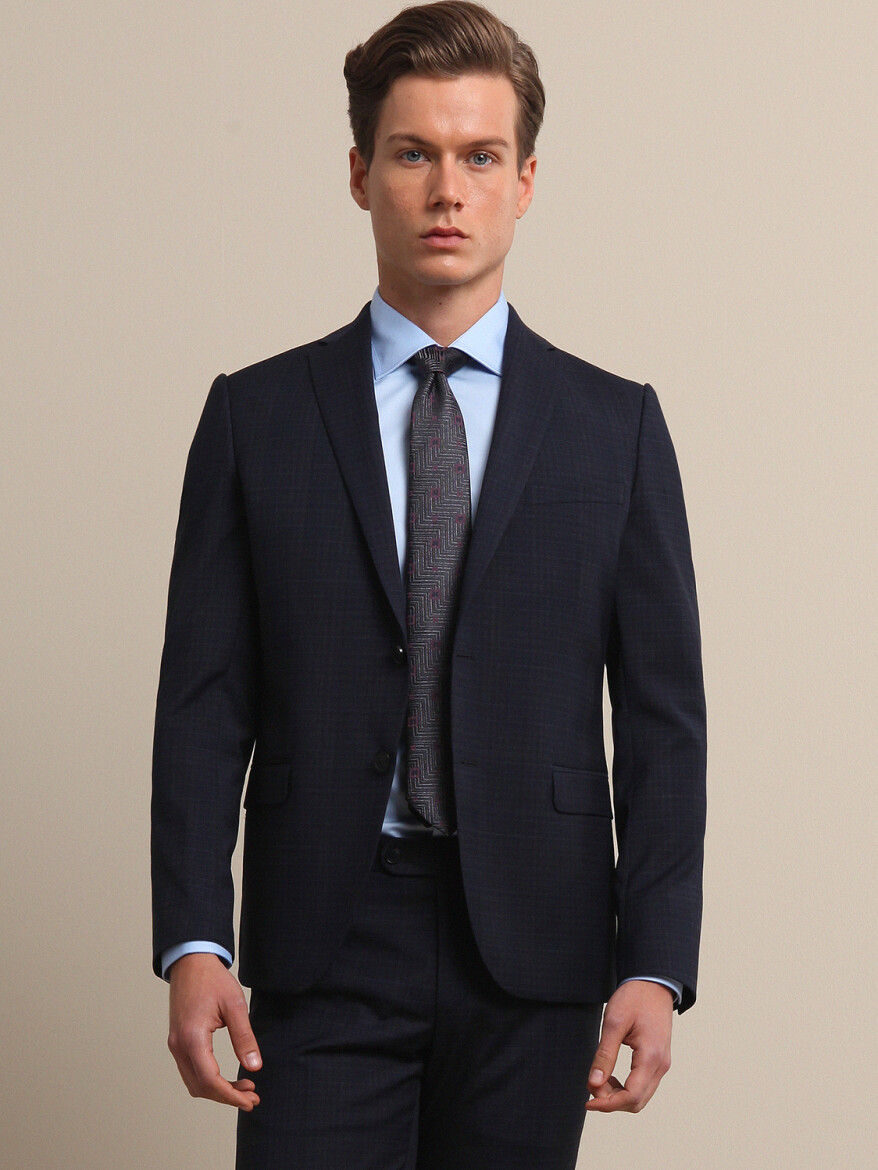 Navy Blue Checkered Slim Fit Wool Blended Suit - 2