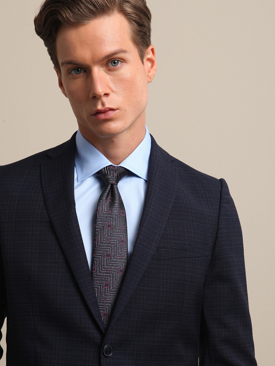 Navy Blue Checkered Slim Fit Wool Blended Suit - 3