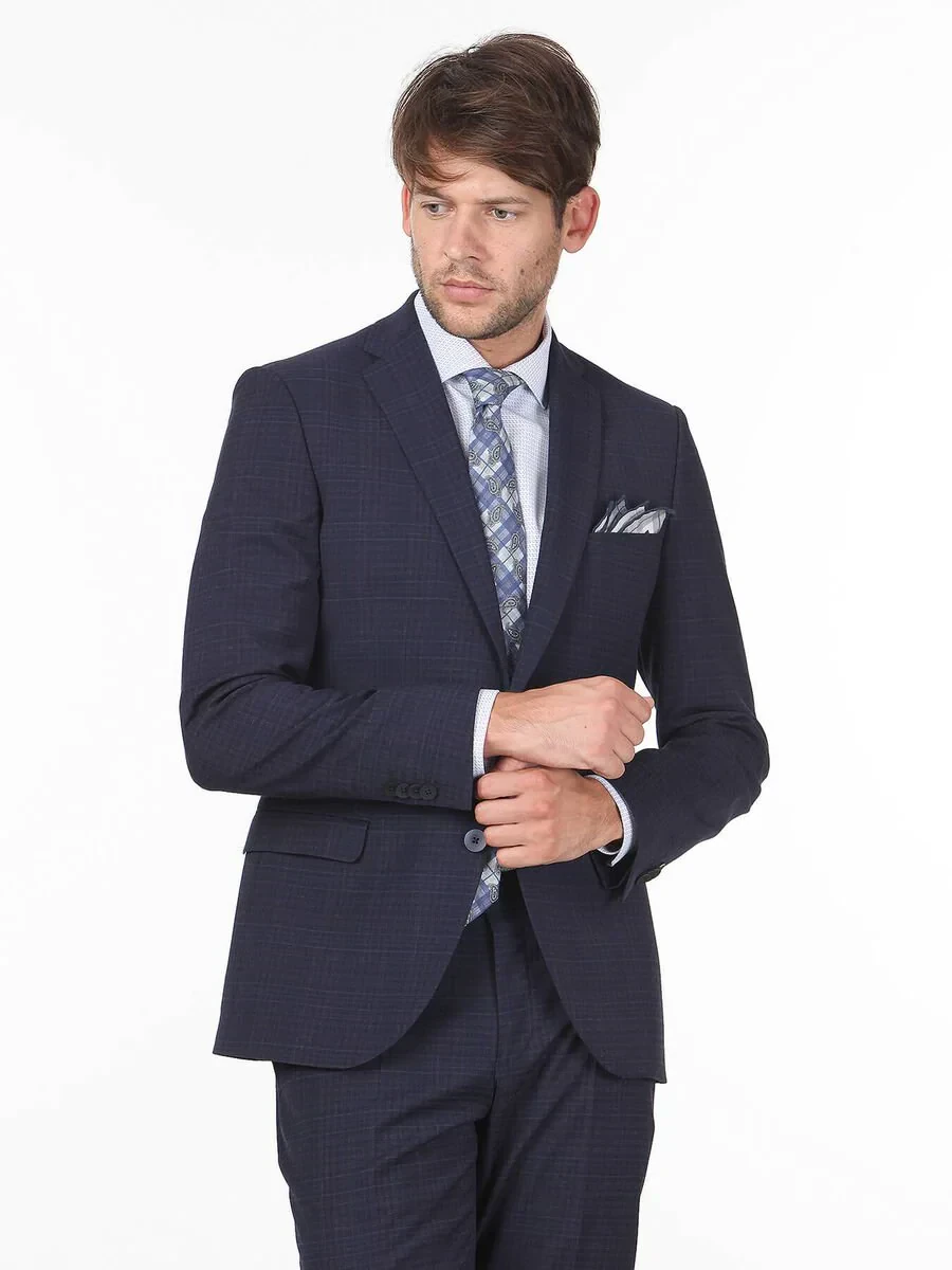 Navy Blue Checkered Slim Fit Wool Blended Suit - 1