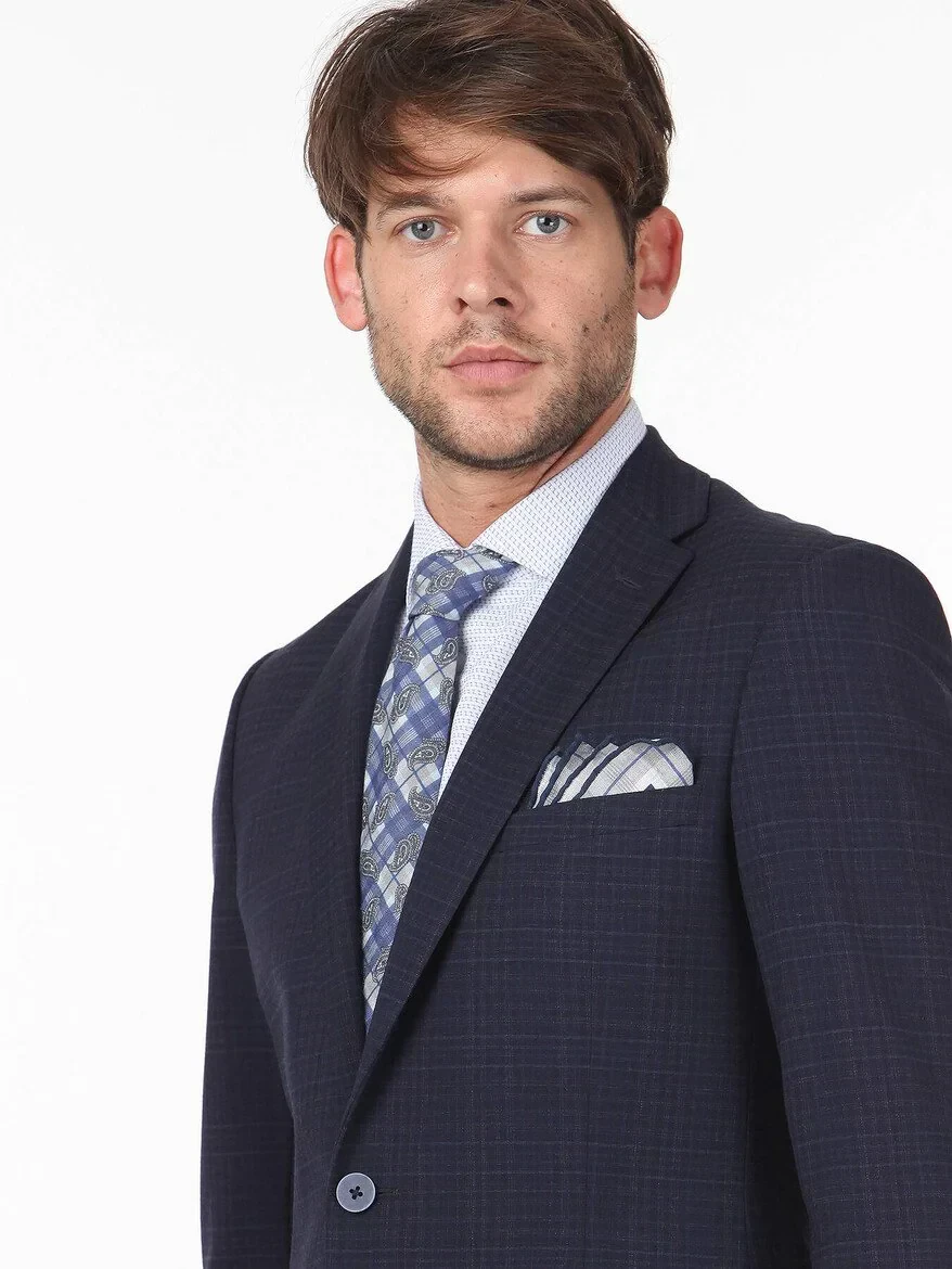 Navy Blue Checkered Slim Fit Wool Blended Suit - 2