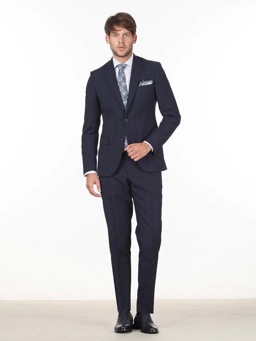Navy Blue Checkered Slim Fit Wool Blended Suit - 3