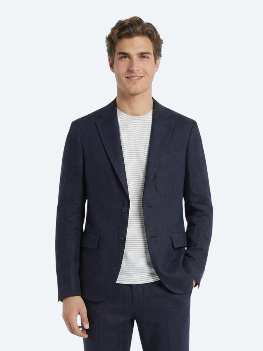 Navy Blue Comfort Fit 100% Linen Suit - 1