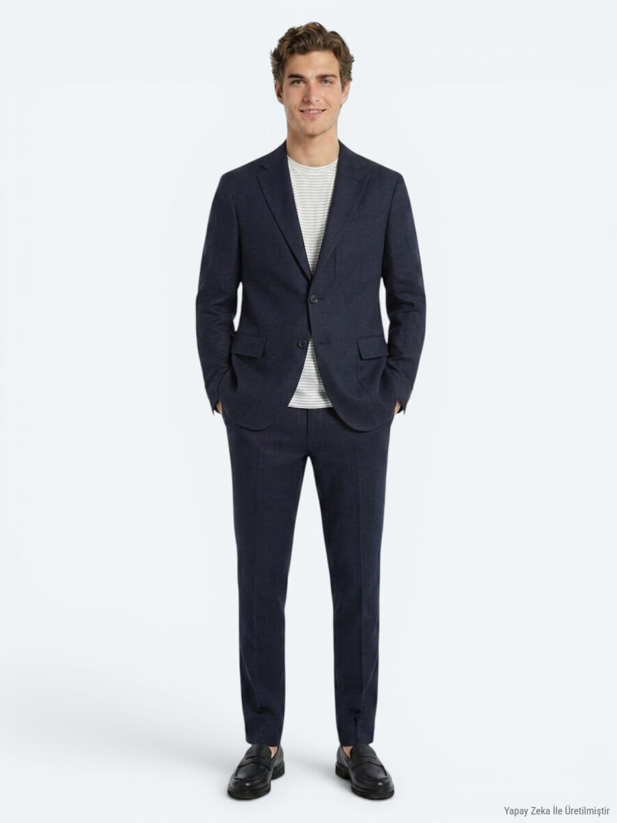 Navy Blue Comfort Fit 100% Linen Suit - 4
