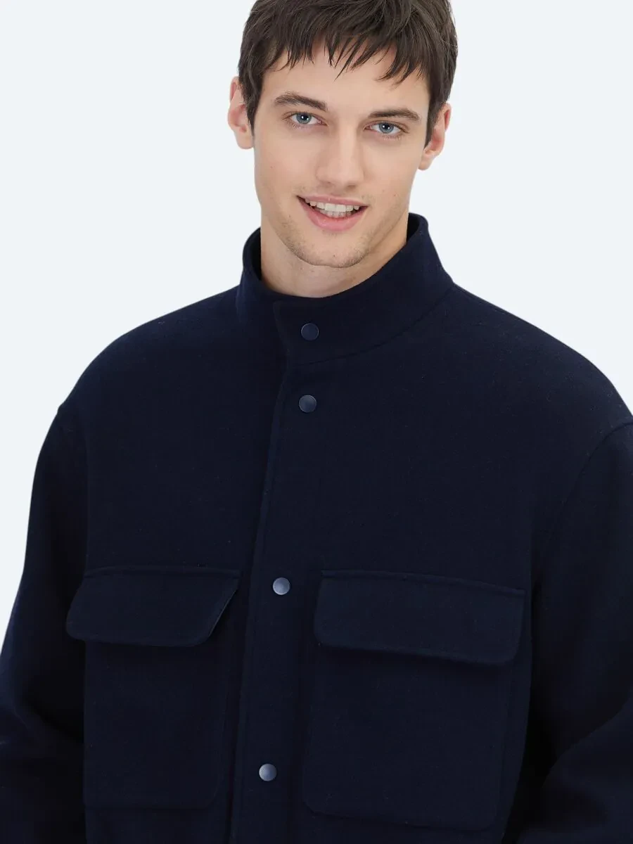 Navy Blue Comfort Fit Turtleneck Casual Weaving Coat - 4