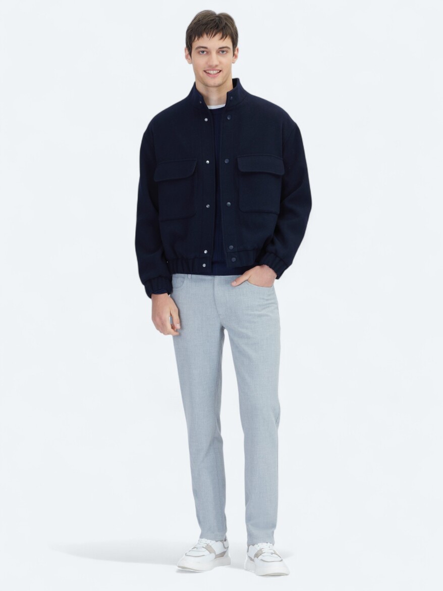 Navy Blue Comfort Fit Turtleneck Casual Weaving Coat - KİP