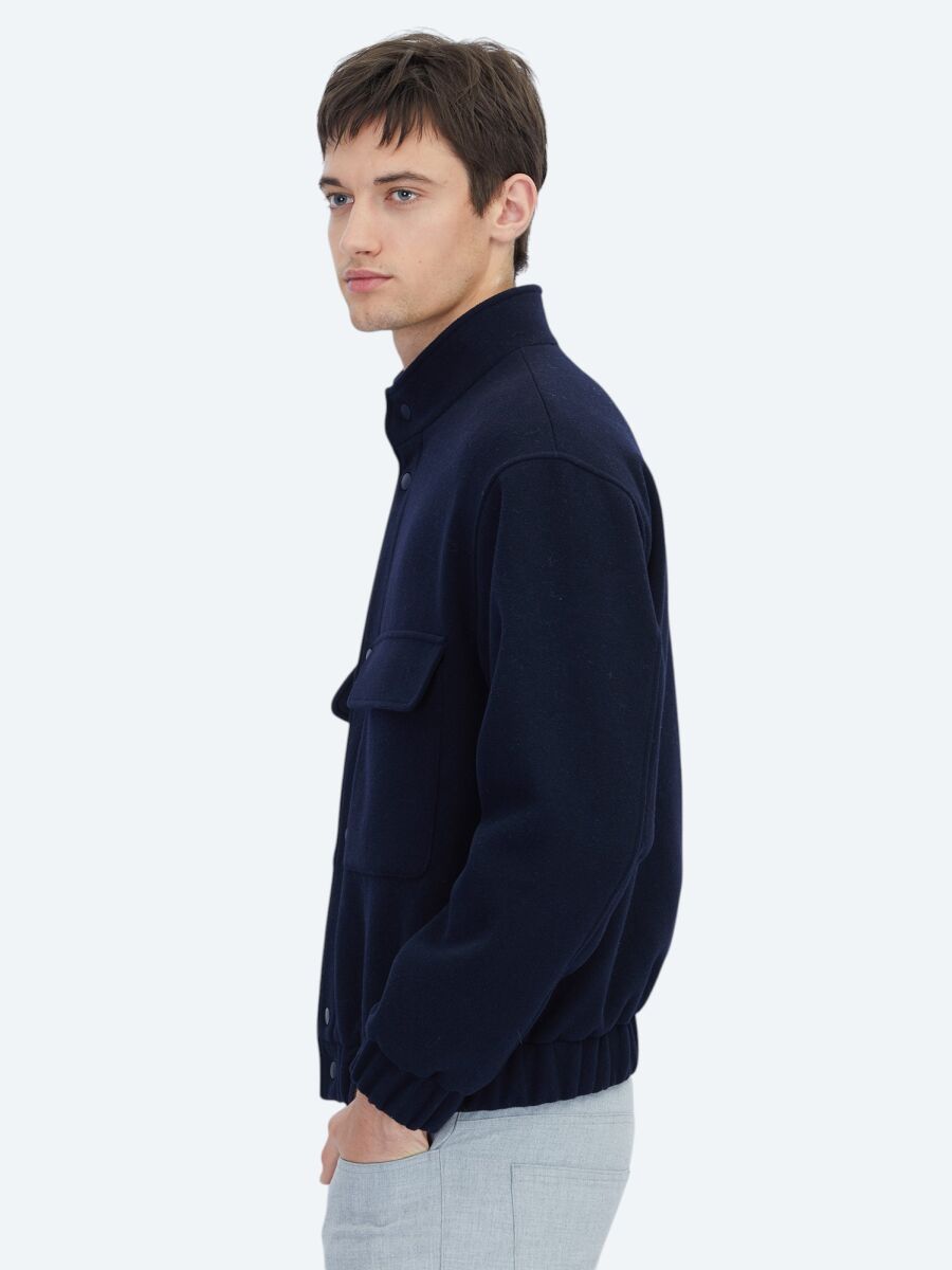 Navy Blue Comfort Fit Turtleneck Casual Weaving Coat - 3