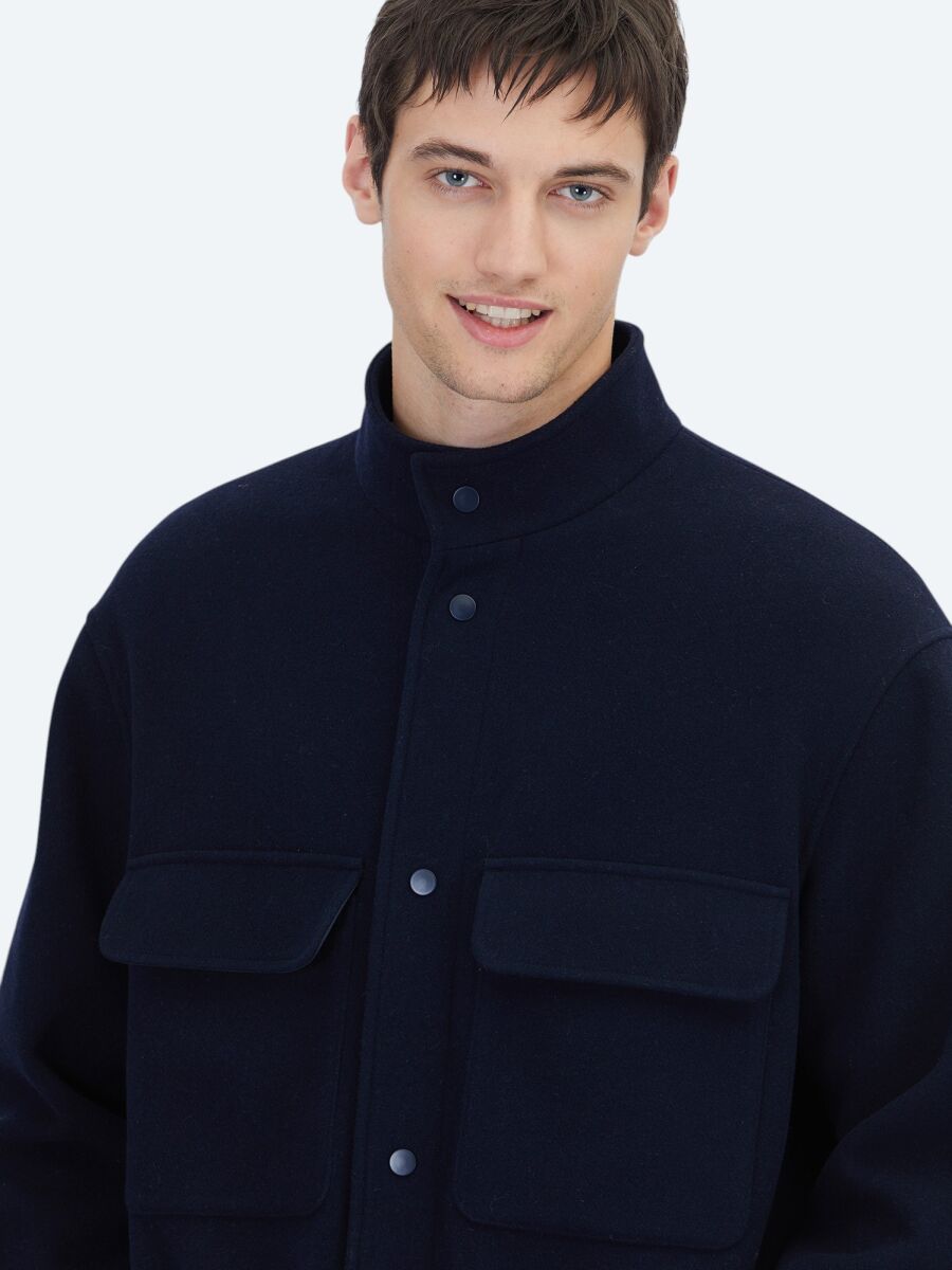 Navy Blue Comfort Fit Turtleneck Casual Weaving Coat - 4